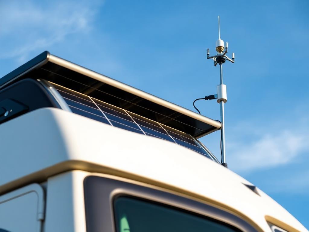 Roof-mounted solar panel and 4G antenna on a campervan
